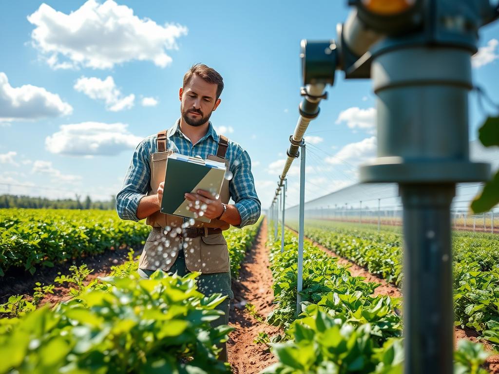 A vibrant landscape showcasing a professional irrigation service in action. In the foreground, a skilled technician wearing professional attire inspects a modern irrigation system, holding a clipboard and analyzing the setup with focus. The middle ground reveals rows of neatly planted crops, flourishing under the gentle spray of a well-designed irrigation system, with water droplets glistening in the soft morning sunlight. The background features a blue sky dotted with fluffy white clouds, hinting at a picturesque farm setting. Bright, natural lighting enhances the details of the irrigation equipment and the lush greenery, creating an atmosphere of productivity and care for the environment. The overall mood is optimistic and efficient, reflecting the positive impact of professional irrigation services. A vibrant landscape showcasing a professional irrigation service in action. In the foreground, a skilled technician wearing professional attire inspects a modern irrigation system, holding a clipboard and analyzing the setup with focus. The middle ground reveals rows of neatly planted crops, flourishing under the gentle spray of a well-designed irrigation system, with water droplets glistening in the soft morning sunlight. The background features a blue sky dotted with fluffy white clouds, hinting at a picturesque farm setting. Bright, natural lighting enhances the details of the irrigation equipment and the lush greenery, creating an atmosphere of productivity and care for the environment. The overall mood is optimistic and efficient, reflecting the positive impact of professional irrigation services.