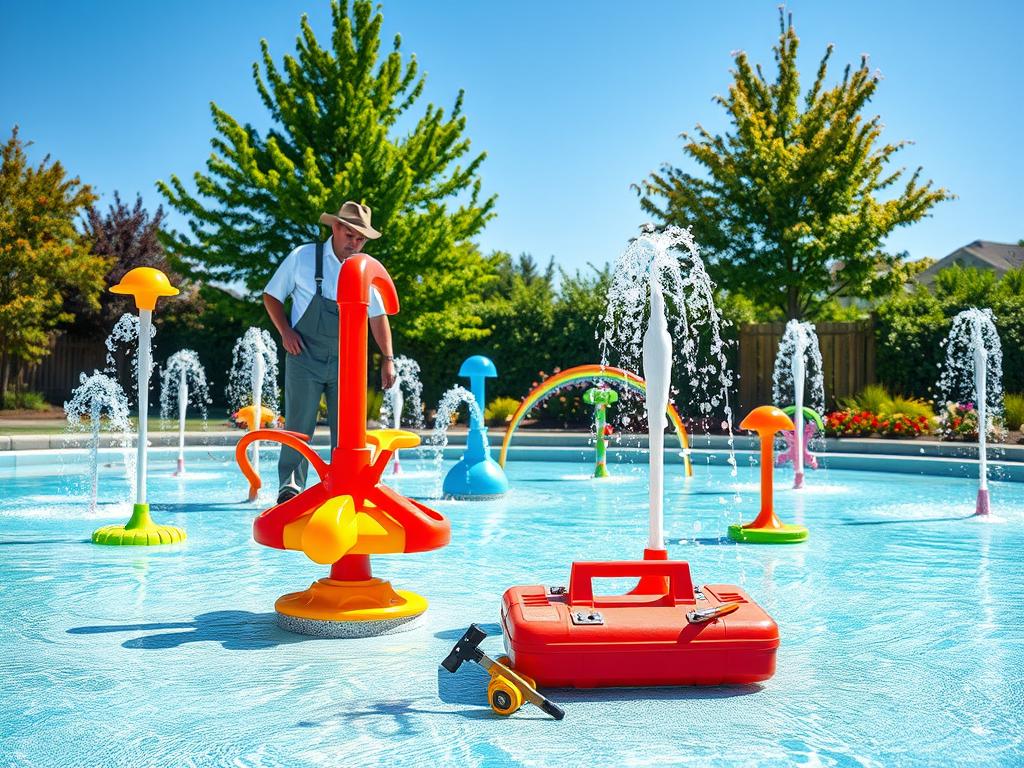 A vibrant scene depicting the maintenance of a backyard splash pad, showcasing water play features in the foreground. A professional maintenance worker in modest casual attire checks the condition of colorful water jets and fountains, while bright sunlight creates sparkling reflections on the water surface. In the middle background, greenery such as lush trees and flowering plants frame the area, enhancing the inviting atmosphere. A well-organized tool kit rests nearby, giving a sense of order and readiness. The overall mood is cheerful and industrious, emphasizing the importance of year-round care for these fun outdoor features. The image captures vibrant colors with a slightly elevated angle, allowing a comprehensive view of both the playful elements and maintenance activities, set against a clear blue sky. A vibrant scene depicting the maintenance of a backyard splash pad, showcasing water play features in the foreground. A professional maintenance worker in modest casual attire checks the condition of colorful water jets and fountains, while bright sunlight creates sparkling reflections on the water surface. In the middle background, greenery such as lush trees and flowering plants frame the area, enhancing the inviting atmosphere. A well-organized tool kit rests nearby, giving a sense of order and readiness. The overall mood is cheerful and industrious, emphasizing the importance of year-round care for these fun outdoor features. The image captures vibrant colors with a slightly elevated angle, allowing a comprehensive view of both the playful elements and maintenance activities, set against a clear blue sky.