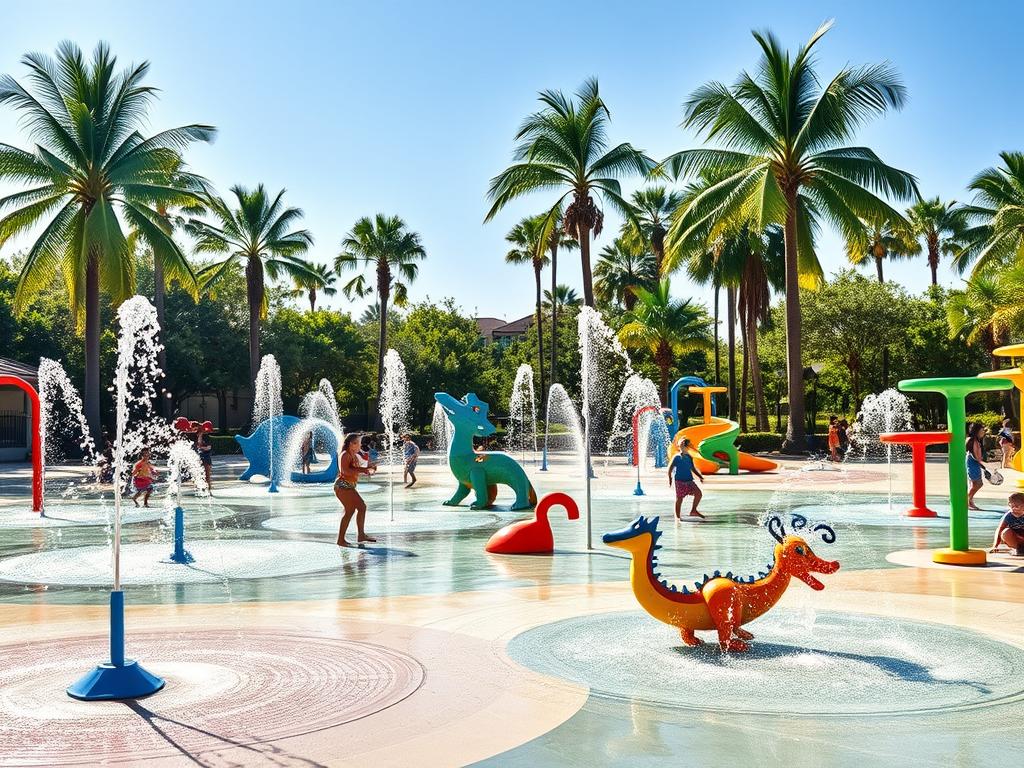 A vibrant splash pad design featuring a variety of innovative water features for summer fun. In the foreground, colorful fountains, sprinklers, and water jets create dynamic bursts of water, inviting kids to play. The middle ground showcases playful elements like a giant interactive water dragon and whimsical, child-friendly sculptures, with families enjoying the space. Soft, filtered sunlight streams down, casting a warm glow, enhancing the joyful atmosphere. In the background, lush greenery and tall palm trees provide a tropical vibe, with a clear blue sky overhead. The overall mood is energetic and playful, with a focus on outdoor enjoyment and community engagement. Ideal for a sunny day in a summer oasis setting. A vibrant splash pad design featuring a variety of innovative water features for summer fun. In the foreground, colorful fountains, sprinklers, and water jets create dynamic bursts of water, inviting kids to play. The middle ground showcases playful elements like a giant interactive water dragon and whimsical, child-friendly sculptures, with families enjoying the space. Soft, filtered sunlight streams down, casting a warm glow, enhancing the joyful atmosphere. In the background, lush greenery and tall palm trees provide a tropical vibe, with a clear blue sky overhead. The overall mood is energetic and playful, with a focus on outdoor enjoyment and community engagement. Ideal for a sunny day in a summer oasis setting.
