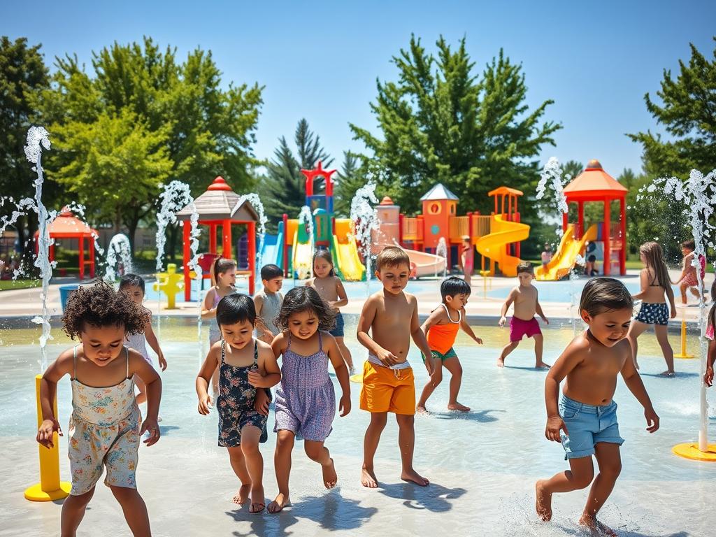 A vibrant summer scene showcasing an engaging splash pad designed for family fun. In the foreground, children of diverse backgrounds play joyfully amid whimsical water features, like colorful fountains and gentle sprays. They are wearing modest casual clothing suitable for play. In the middle ground, a variety of interactive elements like water slides, splash buckets, and brightly colored mats entice playful exploration. The background features lush green trees and a clear blue sky, enhancing the cheerful atmosphere. Sunlight sparkles on the water, reflecting a warm and inviting mood. Shot from a slightly elevated angle to capture both the excitement of the children and the detailed layout of the splash pad, creating a dynamic and inviting summer scene. A vibrant summer scene showcasing an engaging splash pad designed for family fun. In the foreground, children of diverse backgrounds play joyfully amid whimsical water features, like colorful fountains and gentle sprays. They are wearing modest casual clothing suitable for play. In the middle ground, a variety of interactive elements like water slides, splash buckets, and brightly colored mats entice playful exploration. The background features lush green trees and a clear blue sky, enhancing the cheerful atmosphere. Sunlight sparkles on the water, reflecting a warm and inviting mood. Shot from a slightly elevated angle to capture both the excitement of the children and the detailed layout of the splash pad, creating a dynamic and inviting summer scene.