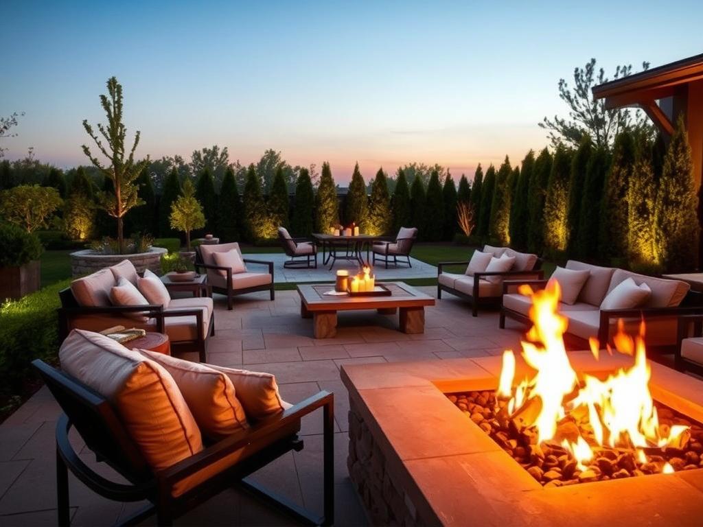 An elegant outdoor patio setting is enhanced by striking fire elements, such as a beautifully designed stone fire pit surrounded by plush seating and warm, inviting cushions. In the foreground, a cozy arrangement of modern lounge chairs invites relaxation, with flickering flames casting a soft glow. The middle ground showcases a stylish wooden table adorned with tasteful outdoor decor and candles. In the background, lush greenery and well-manicured hedges create a serene atmosphere, illuminated by soft twilight lighting. The scene is captured with a warm color palette, emphasizing a tranquil and luxurious ambiance. The angle is slightly elevated, capturing the beauty of the entire setup, evoking a sense of comfort and sophistication perfect for evening gatherings. An elegant outdoor patio setting is enhanced by striking fire elements, such as a beautifully designed stone fire pit surrounded by plush seating and warm, inviting cushions. In the foreground, a cozy arrangement of modern lounge chairs invites relaxation, with flickering flames casting a soft glow. The middle ground showcases a stylish wooden table adorned with tasteful outdoor decor and candles. In the background, lush greenery and well-manicured hedges create a serene atmosphere, illuminated by soft twilight lighting. The scene is captured with a warm color palette, emphasizing a tranquil and luxurious ambiance. The angle is slightly elevated, capturing the beauty of the entire setup, evoking a sense of comfort and sophistication perfect for evening gatherings.