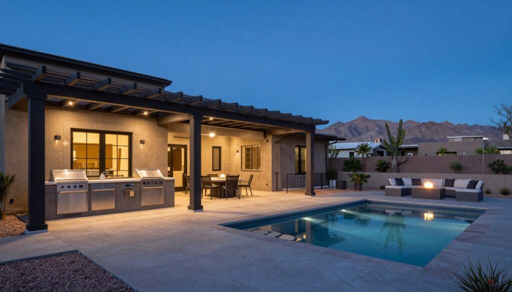 Complete custom outdoor living space with multiple features in North Las Vegas backyard