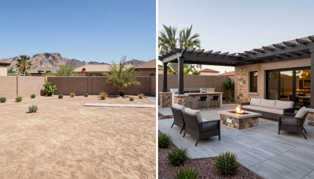 Complete outdoor living space transformation before and after in North Las Vegas