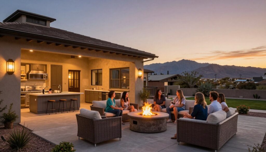 Completed luxury outdoor living space in North Las Vegas at sunset with family gathering