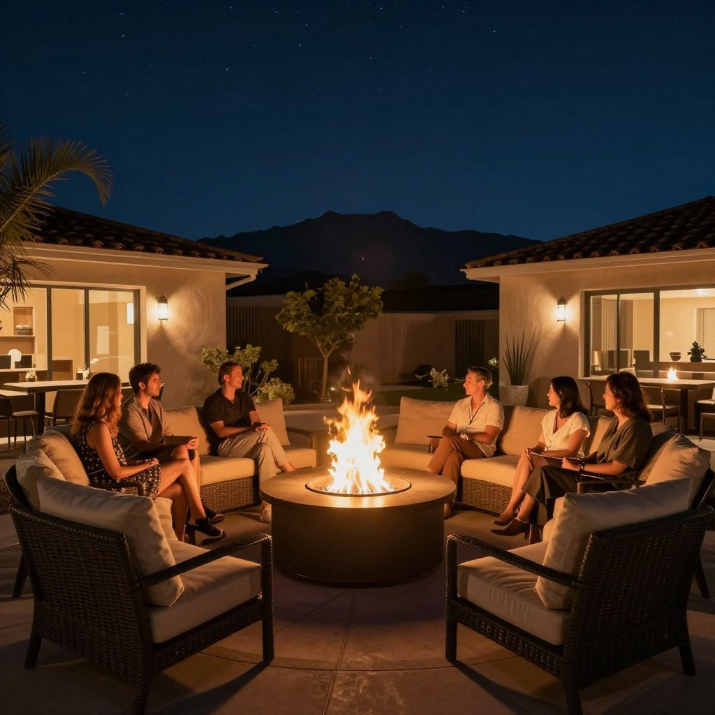 Custom fire pit with seating area in North Las Vegas backyard at night