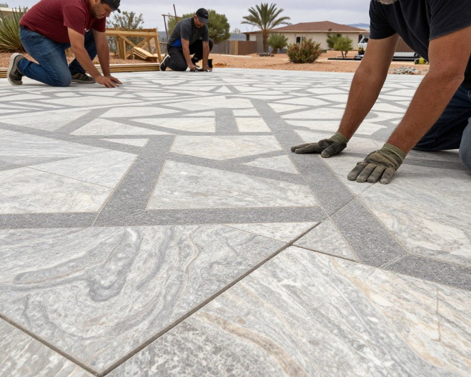 Custom hardscaping installation with travertine pavers in North Las Vegas backyard Custom hardscaping installation with travertine pavers in North Las Vegas backyard