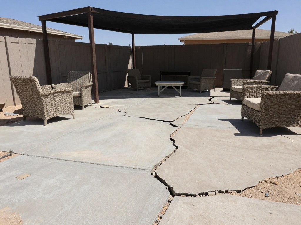 Failed outdoor patio with cracked pavers from heat damage in Las Vegas