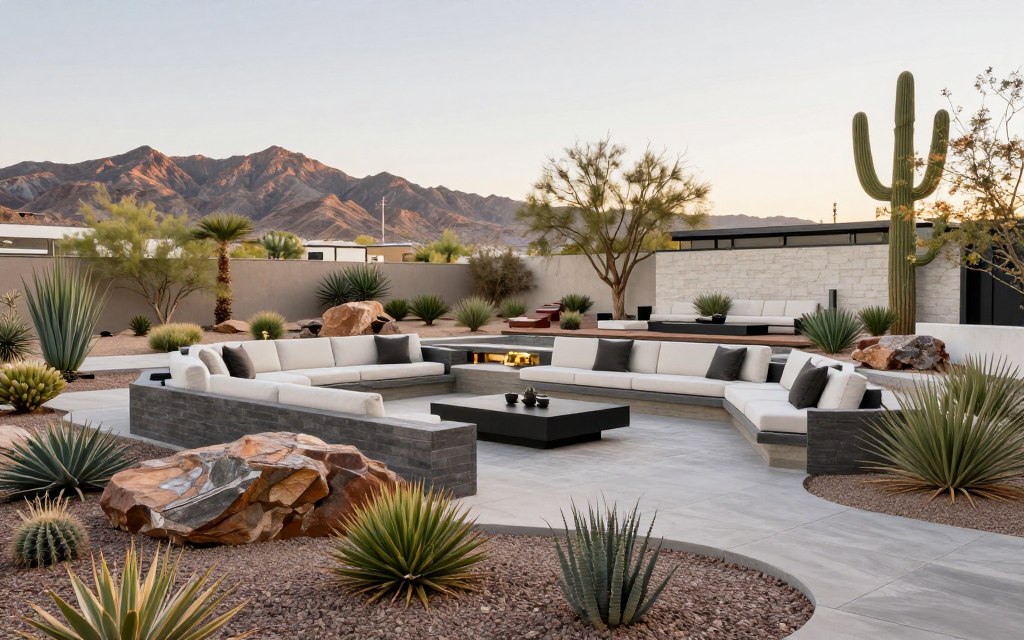 Integrated outdoor living space with desert landscaping and native plants North Las Vegas