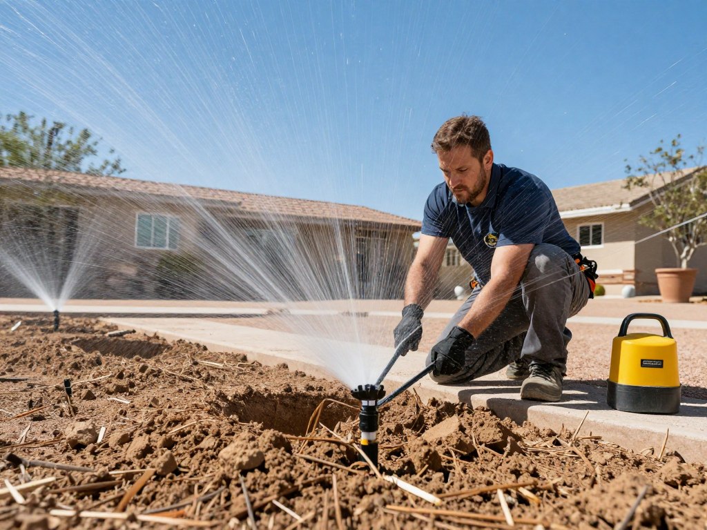 Irrigation services technician installing modern sprinkler system in North Las Vegas residential yard Irrigation services technician installing modern sprinkler system in North Las Vegas residential yard