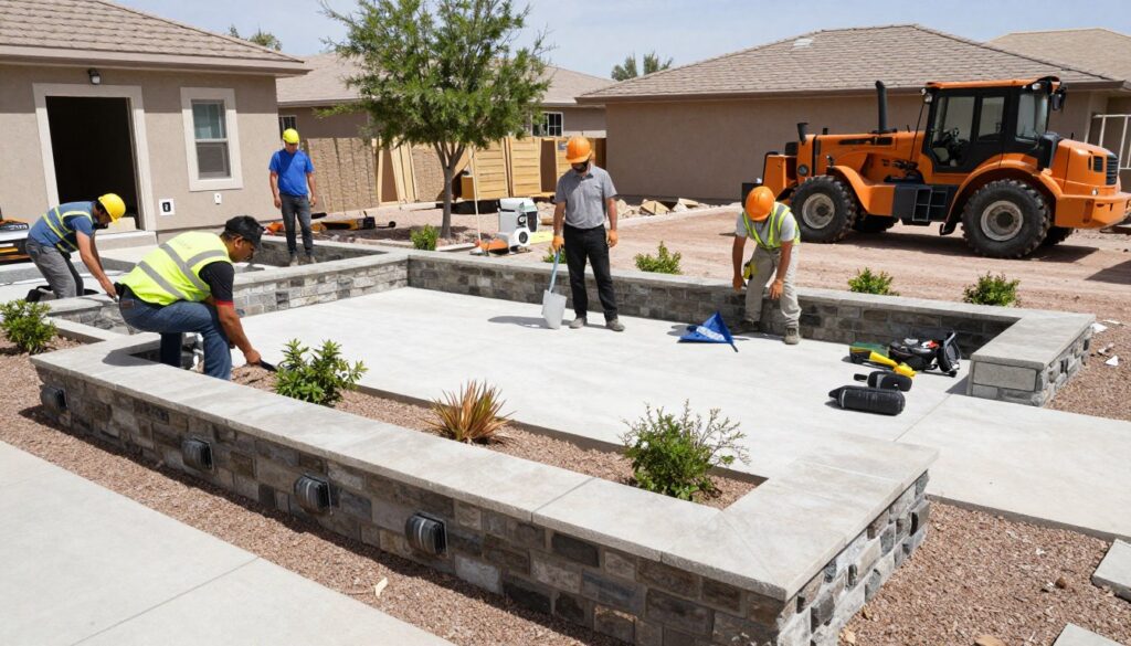 Landscaping contractors team working on luxury North Las Vegas project Landscaping contractors team working on luxury North Las Vegas project