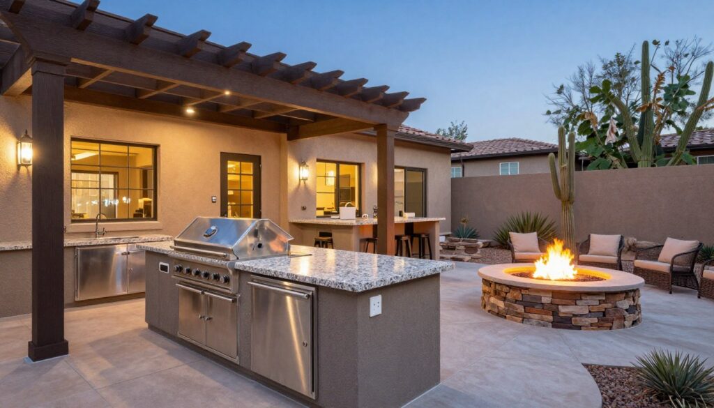 Luxury outdoor kitchen with custom fire pit in North Las Vegas landscape design Luxury outdoor kitchen with custom fire pit in North Las Vegas landscape design