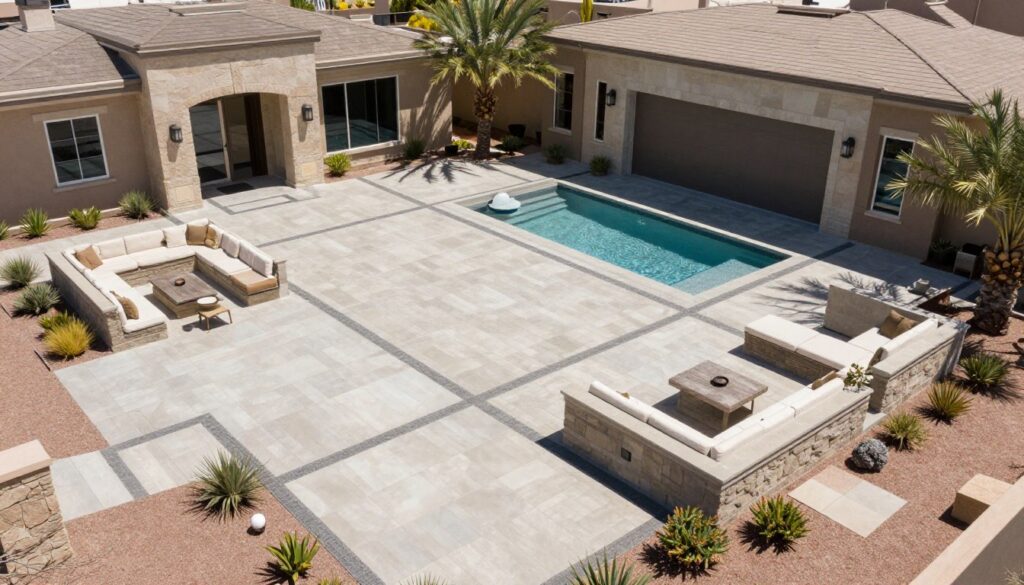 Luxury paver patio installation in North Las Vegas with modern hardscaping design