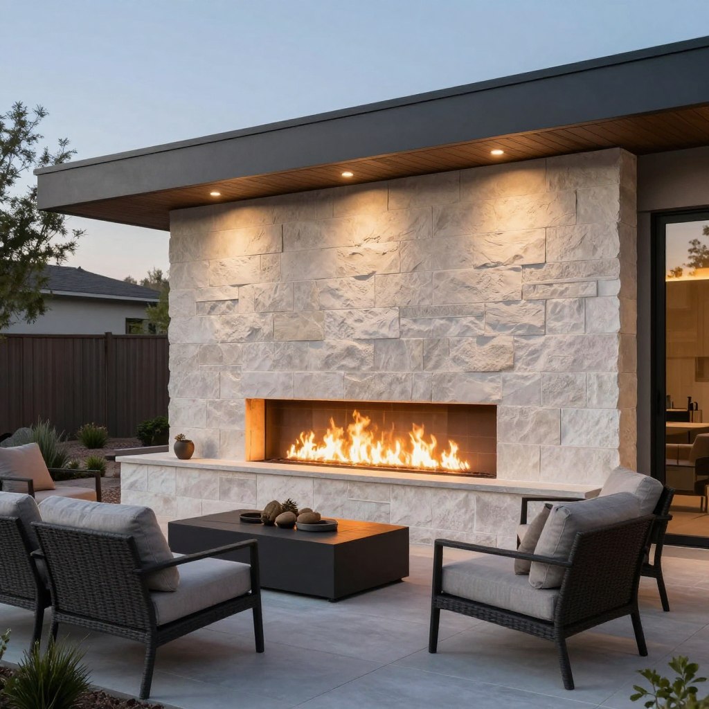 Modern outdoor fireplace integrated into patio design North Las Vegas