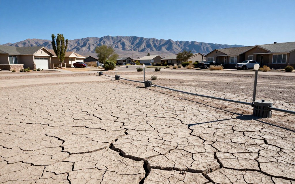 North Las Vegas desert landscape showing caliche soil and extreme heat conditions affecting irrigation North Las Vegas desert landscape showing caliche soil and extreme heat conditions affecting irrigation