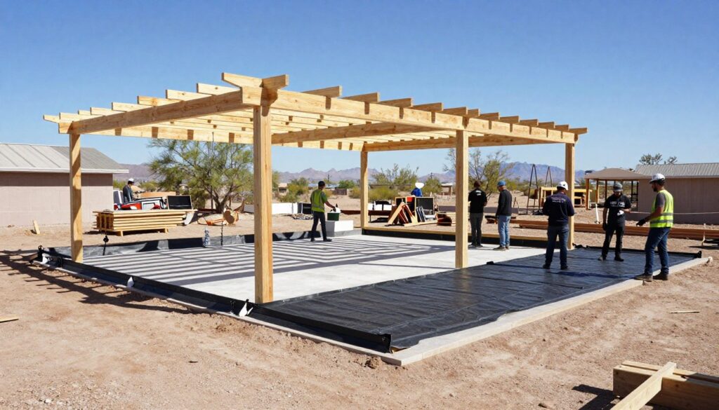 Outdoor living space construction showing desert-specific engineering and materials
