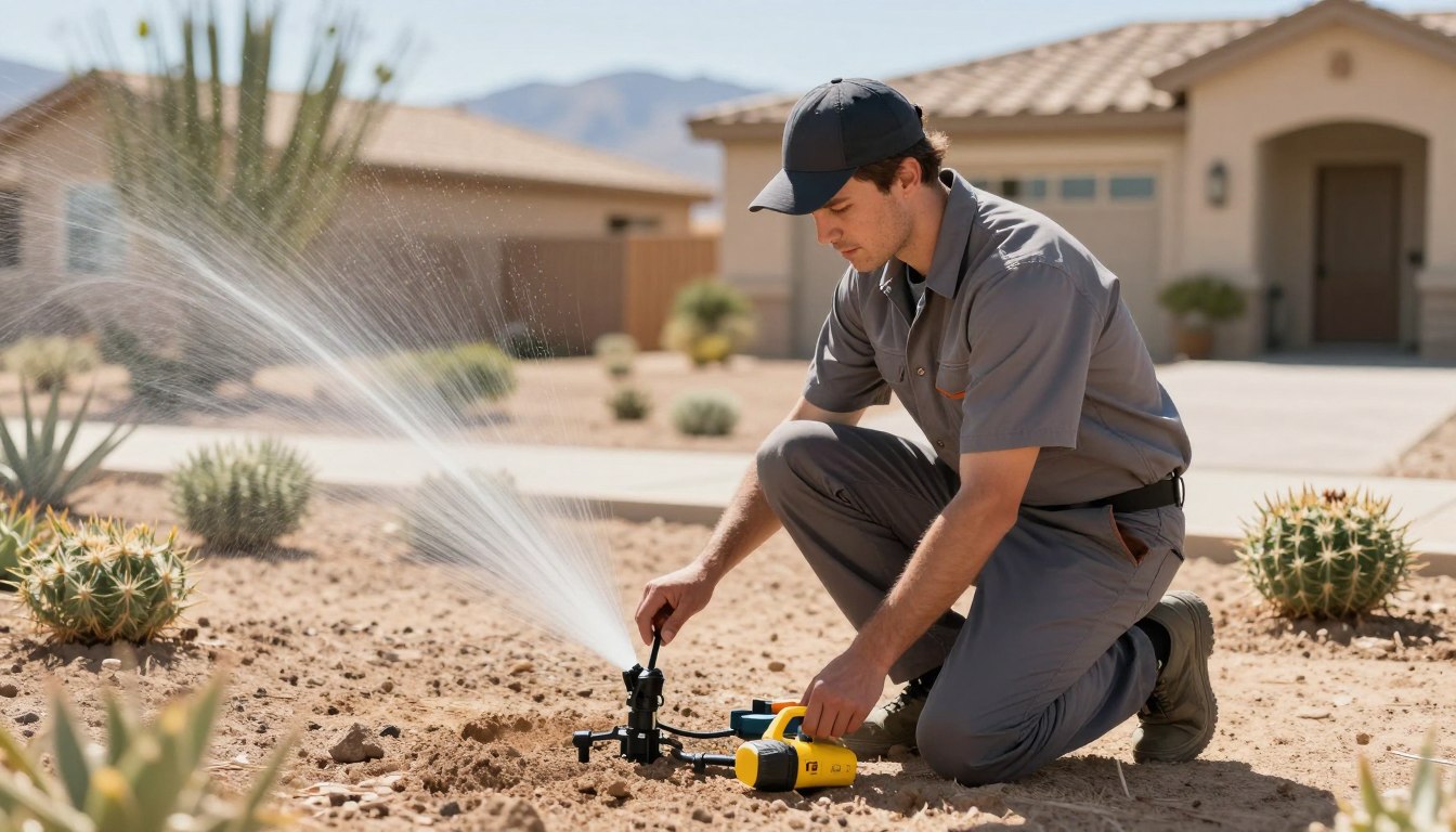 Professional irrigation services technician repairing sprinkler system in North Las Vegas desert landscape