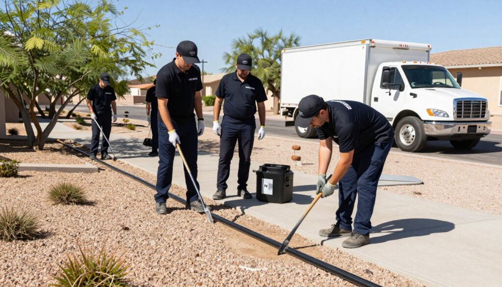 Taylormade Landscapes irrigation team working on irrigation system repair in North Las Vegas Taylormade Landscapes irrigation team working on irrigation system repair in North Las Vegas