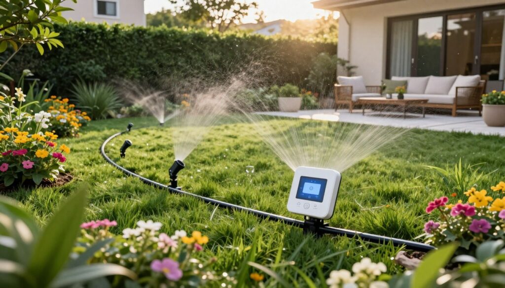 A beautifully designed luxury backyard featuring advanced water-smart irrigation system features. In the foreground, elegant drip irrigation lines intertwine with vibrant flower beds, ensuring efficient watering. A state-of-the-art smart controller is prominently displayed, surrounded by lush greenery. In the middle ground, misting systems create a refreshing atmosphere while automated sprinkler heads are carefully positioned among neatly trimmed grass. In the background, a sun-drenched patio includes comfortable furnishings, with the soft glow of late afternoon sunlight casting gentle shadows. The scene should evoke a sense of tranquility and luxury, emphasizing sustainability and investment protection. Capture this with a wide-angle lens to showcase the entire layout, with a bright, inviting color palette. A beautifully designed luxury backyard featuring advanced water-smart irrigation system features. In the foreground, elegant drip irrigation lines intertwine with vibrant flower beds, ensuring efficient watering. A state-of-the-art smart controller is prominently displayed, surrounded by lush greenery. In the middle ground, misting systems create a refreshing atmosphere while automated sprinkler heads are carefully positioned among neatly trimmed grass. In the background, a sun-drenched patio includes comfortable furnishings, with the soft glow of late afternoon sunlight casting gentle shadows. The scene should evoke a sense of tranquility and luxury, emphasizing sustainability and investment protection. Capture this with a wide-angle lens to showcase the entire layout, with a bright, inviting color palette.