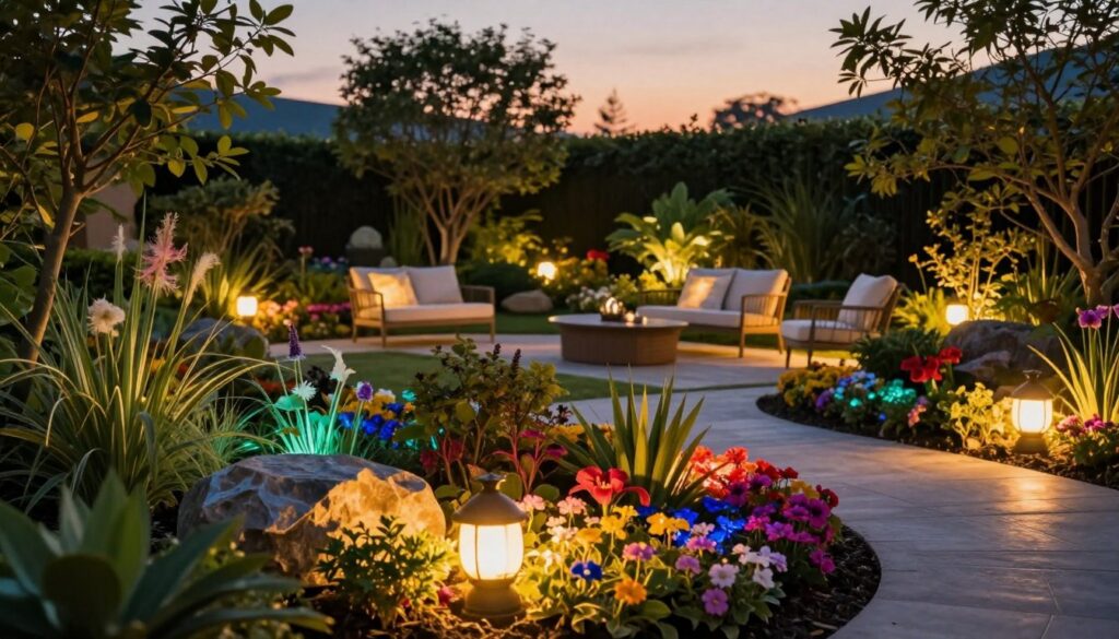 A beautifully landscaped garden at twilight, featuring vibrant LED landscape lights illuminating flower beds and pathways. In the foreground, the soft glow of colorful lights highlights a variety of blooming plants and decorative stones. The middle ground showcases elegant garden furniture, surrounded by gently glowing lights that create a cozy atmosphere. In the background, lush greenery is accentuated by subtle, ambient lighting, enhancing the luxurious feel of the space. The scene captures a serene, inviting ambiance, perfect for year-round enjoyment. Use a wide-angle lens to encompass the entire garden and a warm color palette to evoke a tranquil sunset vibe. Avoid any people in the image, focusing solely on the stunning lighting and landscape details. A beautifully landscaped garden at twilight, featuring vibrant LED landscape lights illuminating flower beds and pathways. In the foreground, the soft glow of colorful lights highlights a variety of blooming plants and decorative stones. The middle ground showcases elegant garden furniture, surrounded by gently glowing lights that create a cozy atmosphere. In the background, lush greenery is accentuated by subtle, ambient lighting, enhancing the luxurious feel of the space. The scene captures a serene, inviting ambiance, perfect for year-round enjoyment. Use a wide-angle lens to encompass the entire garden and a warm color palette to evoke a tranquil sunset vibe. Avoid any people in the image, focusing solely on the stunning lighting and landscape details.