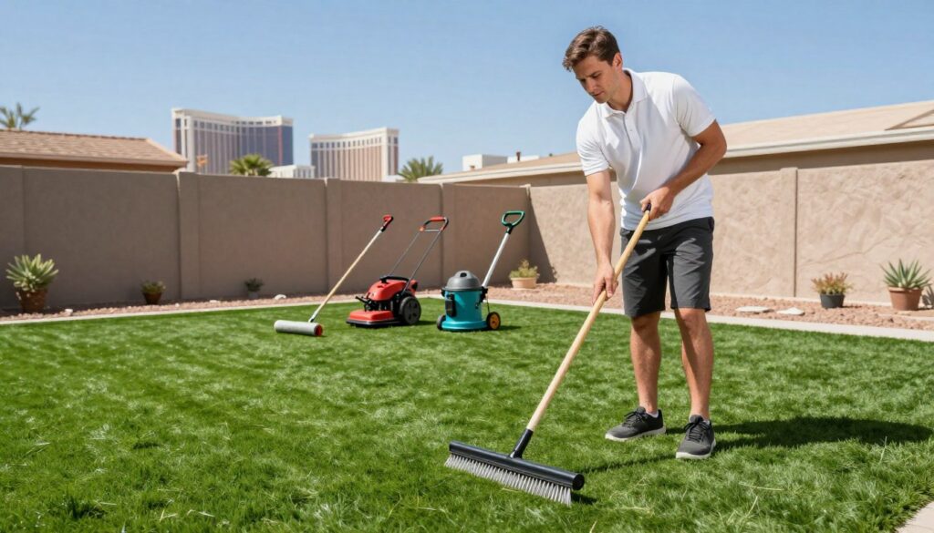 A brightly lit backyard in Las Vegas showcasing the meticulous maintenance of artificial grass. In the foreground, a professional in a neatly pressed polo shirt and shorts is using a specialized rake on lush, green synthetic turf, ensuring the grass fibers are standing upright. The middle ground features a variety of maintenance tools, like a turf roller and a leaf blower, organized neatly beside the freshly groomed area. In the background, the iconic Las Vegas skyline is subtly visible under a clear blue sky, adding a hint of urban charm. The overall atmosphere is that of professionalism and care, reflecting the importance of proper artificial grass upkeep in a desert climate. The image should capture vibrant colors and a sense of brightness, suggesting a warm, sunny day perfect for outdoor maintenance. A brightly lit backyard in Las Vegas showcasing the meticulous maintenance of artificial grass. In the foreground, a professional in a neatly pressed polo shirt and shorts is using a specialized rake on lush, green synthetic turf, ensuring the grass fibers are standing upright. The middle ground features a variety of maintenance tools, like a turf roller and a leaf blower, organized neatly beside the freshly groomed area. In the background, the iconic Las Vegas skyline is subtly visible under a clear blue sky, adding a hint of urban charm. The overall atmosphere is that of professionalism and care, reflecting the importance of proper artificial grass upkeep in a desert climate. The image should capture vibrant colors and a sense of brightness, suggesting a warm, sunny day perfect for outdoor maintenance.