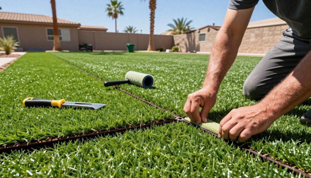A detailed scene of synthetic turf installation, focusing on securely connecting turf edges and seams. In the foreground, an experienced installer in professional work attire is meticulously applying adhesive along the seams of vibrant green synthetic grass, emphasizing precision and care. The middle ground features neatly cut edges of the turf being pressed down, with tools like a seam roller and a utility knife placed nearby, showcasing the installation process. In the background, a sunny Las Vegas backyard is visible, with palm trees and a clear blue sky, creating a bright, cheerful atmosphere. Use high-contrast lighting to highlight textures of the synthetic grass and tools. Capture the scene from a slightly elevated angle to provide a comprehensive view of the installation efforts. A detailed scene of synthetic turf installation, focusing on securely connecting turf edges and seams. In the foreground, an experienced installer in professional work attire is meticulously applying adhesive along the seams of vibrant green synthetic grass, emphasizing precision and care. The middle ground features neatly cut edges of the turf being pressed down, with tools like a seam roller and a utility knife placed nearby, showcasing the installation process. In the background, a sunny Las Vegas backyard is visible, with palm trees and a clear blue sky, creating a bright, cheerful atmosphere. Use high-contrast lighting to highlight textures of the synthetic grass and tools. Capture the scene from a slightly elevated angle to provide a comprehensive view of the installation efforts.