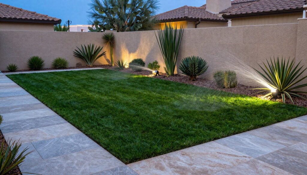 A high-definition, photorealistic image of a luxury Las Vegas backyard at twilight, featuring a vibrant green lawn, modern stone tiles, and hidden high-efficiency irrigation emitters subtly watering lush desert plants. A high-definition, photorealistic image of a luxury Las Vegas backyard at twilight, featuring a vibrant green lawn, modern stone tiles, and hidden high-efficiency irrigation emitters subtly watering lush desert plants.