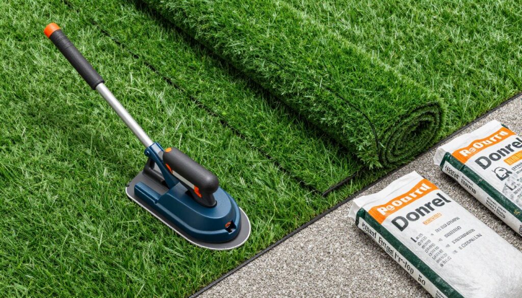 A high-quality flat-lay image of artificial turf installation tools and materials, including a plate compactor, sod cutter, rolls of turf, and bags of gravel base. A high-quality flat-lay image of artificial turf installation tools and materials, including a plate compactor, sod cutter, rolls of turf, and bags of gravel base.