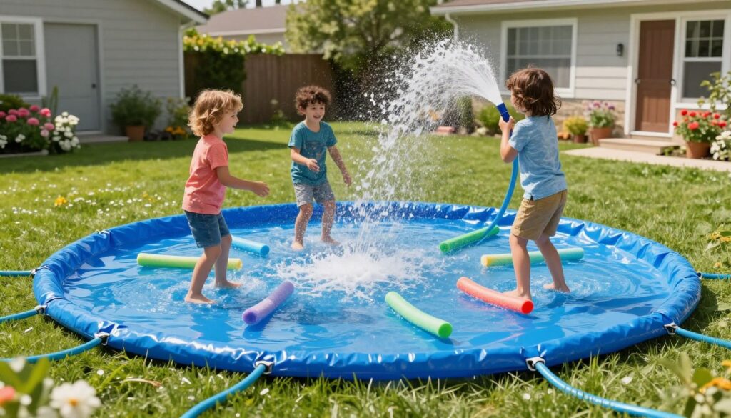 A high-quality photo of a DIY splash pad in a sunny suburban yard made from a large blue waterproof tarp and colorful pool noodles, with a garden hose spraying a gentle mist over children playing.