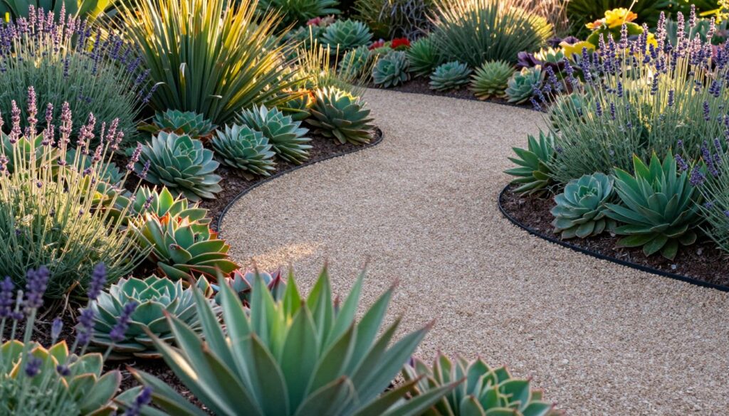 A high-resolution image of a beautiful xeriscape garden featuring colorful succulents, lavender, and permeable gravel paths under warm afternoon sunlight. A high-resolution image of a beautiful xeriscape garden featuring colorful succulents, lavender, and permeable gravel paths under warm afternoon sunlight.