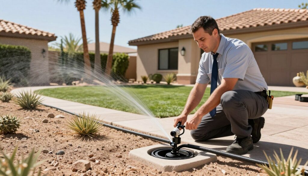 A high-resolution photo of a professional irrigation technician installing a commercial-grade drip system in a luxury Las Vegas backyard with desert landscaping and palm trees. A high-resolution photo of a professional irrigation technician installing a commercial-grade drip system in a luxury Las Vegas backyard with desert landscaping and palm trees.
