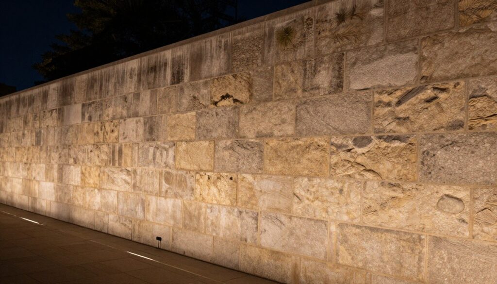 A long stone perimeter wall illuminated by smooth, even wall wash lighting with no harsh shadows. A long stone perimeter wall illuminated by smooth, even wall wash lighting with no harsh shadows.