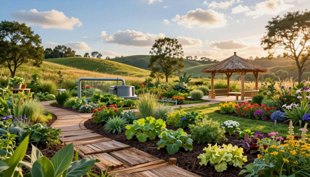 A lush, vibrant sustainable landscape design scene, showcasing a harmonious integration of native flora, sustainable structures, and eco-friendly features. In the foreground, a winding path made of reclaimed materials leads to a small community garden filled with diverse flowering plants and vegetables. The middle ground features a rainwater harvesting system and a charming gazebo constructed with natural wood, surrounded by colorful flower beds. In the background, rolling hills covered in native grasses and trees extend toward a bright blue sky, with soft, fluffy clouds. The warm, golden hour sunlight casts a gentle glow on the landscape, creating an inviting and peaceful atmosphere. The scene emphasizes the principles of sustainability and harmony with nature, embodying a serene yet vibrant sustainable landscape design. A lush, vibrant sustainable landscape design scene, showcasing a harmonious integration of native flora, sustainable structures, and eco-friendly features. In the foreground, a winding path made of reclaimed materials leads to a small community garden filled with diverse flowering plants and vegetables. The middle ground features a rainwater harvesting system and a charming gazebo constructed with natural wood, surrounded by colorful flower beds. In the background, rolling hills covered in native grasses and trees extend toward a bright blue sky, with soft, fluffy clouds. The warm, golden hour sunlight casts a gentle glow on the landscape, creating an inviting and peaceful atmosphere. The scene emphasizes the principles of sustainability and harmony with nature, embodying a serene yet vibrant sustainable landscape design.