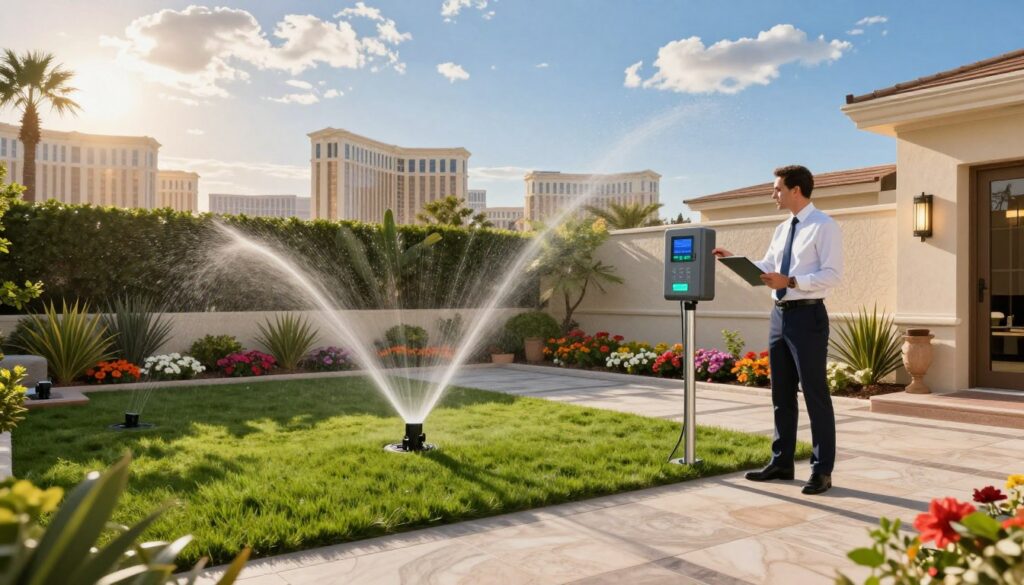A luxurious Las Vegas backyard featuring a high-efficiency irrigation system, front and center showcasing smart drip and sprinkler technology. In the foreground, lush green grass contrasts with a meticulously designed tiled patio, where a professional in business attire inspects the irrigation controls. The middle ground reveals strategically placed flowers and shrubs, all benefiting from the advanced irrigation system, while colorful desert plants thrive alongside. In the background, the iconic Las Vegas skyline is subtly visible under a bright blue sky with scattered clouds. Golden hour lighting bathes the scene in warm tones, enhancing the richness of the greenery and luxurious ambiance, capturing an atmosphere of modern elegance and sustainability. A luxurious Las Vegas backyard featuring a high-efficiency irrigation system, front and center showcasing smart drip and sprinkler technology. In the foreground, lush green grass contrasts with a meticulously designed tiled patio, where a professional in business attire inspects the irrigation controls. The middle ground reveals strategically placed flowers and shrubs, all benefiting from the advanced irrigation system, while colorful desert plants thrive alongside. In the background, the iconic Las Vegas skyline is subtly visible under a bright blue sky with scattered clouds. Golden hour lighting bathes the scene in warm tones, enhancing the richness of the greenery and luxurious ambiance, capturing an atmosphere of modern elegance and sustainability.