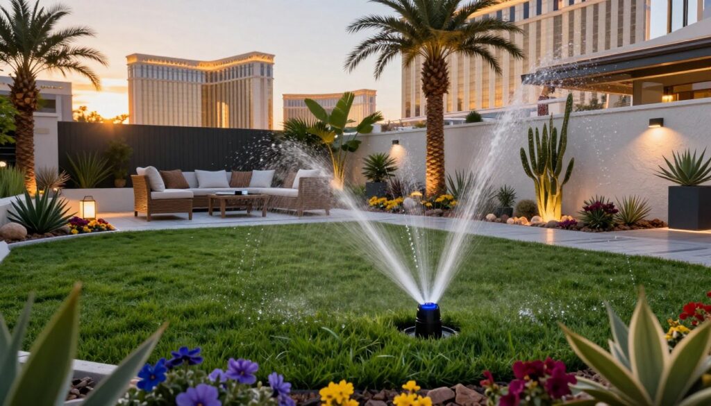 A luxurious Las Vegas backyard showcasing smart irrigation technology. In the foreground, a sleek, automated sprinkler system glistens with droplets of water, accentuating vibrant green lawns and meticulously arranged flower beds with desert landscaping. The middle ground features a modern, stylish patio area with elegant outdoor furniture, surrounded by tall palms and desert plants, highlighting the harmony of nature and technology. The background displays the iconic Las Vegas skyline at dusk, with a warm glow from the setting sun illuminating the scene, casting soft shadows. The atmosphere is calm and innovative, suggesting a sustainable lifestyle amid luxury. Soft lighting enhances the vibrant colors and throws an inviting ambiance over the entire setting. A luxurious Las Vegas backyard showcasing smart irrigation technology. In the foreground, a sleek, automated sprinkler system glistens with droplets of water, accentuating vibrant green lawns and meticulously arranged flower beds with desert landscaping. The middle ground features a modern, stylish patio area with elegant outdoor furniture, surrounded by tall palms and desert plants, highlighting the harmony of nature and technology. The background displays the iconic Las Vegas skyline at dusk, with a warm glow from the setting sun illuminating the scene, casting soft shadows. The atmosphere is calm and innovative, suggesting a sustainable lifestyle amid luxury. Soft lighting enhances the vibrant colors and throws an inviting ambiance over the entire setting.