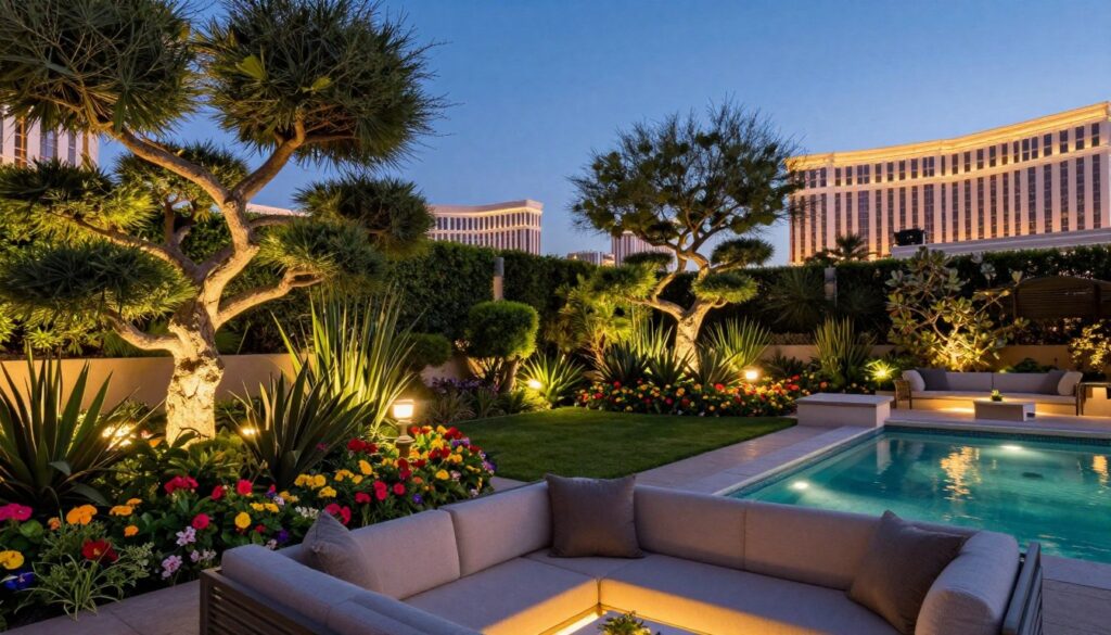 A luxurious backyard garden in Las Vegas, showcasing exquisite landscape lighting techniques. In the foreground, elegant outdoor seating with plush cushions sits beside a glimmering pool. The middle ground features lush greenery, vibrant flowers, and strategically placed LED lights that create a warm, inviting atmosphere. Soft uplighting highlights the contours of ornamental trees, casting gentle shadows and adding depth. In the background, the silhouette of the Las Vegas skyline glows under a twilight sky, enhancing the opulence of the space. The scene is captured from a low angle, using a wide lens to encompass the beauty and serenity of the garden. The overall mood is tranquil and sophisticated, ideal for evening gatherings. A luxurious backyard garden in Las Vegas, showcasing exquisite landscape lighting techniques. In the foreground, elegant outdoor seating with plush cushions sits beside a glimmering pool. The middle ground features lush greenery, vibrant flowers, and strategically placed LED lights that create a warm, inviting atmosphere. Soft uplighting highlights the contours of ornamental trees, casting gentle shadows and adding depth. In the background, the silhouette of the Las Vegas skyline glows under a twilight sky, enhancing the opulence of the space. The scene is captured from a low angle, using a wide lens to encompass the beauty and serenity of the garden. The overall mood is tranquil and sophisticated, ideal for evening gatherings.