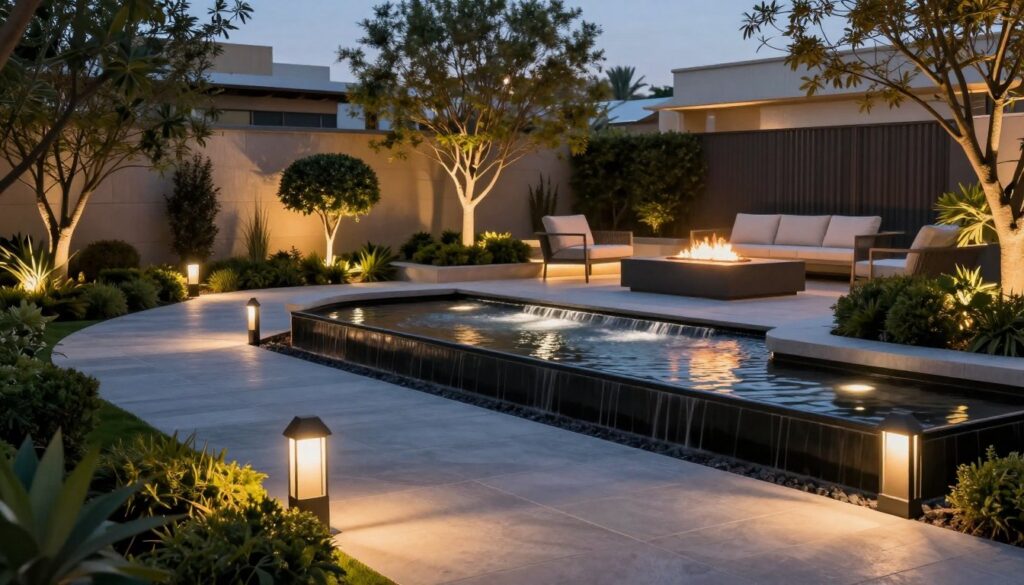 A luxurious backyard landscape at twilight showcasing exquisite outdoor lighting design. In the foreground, elegant pathway lights illuminate smooth stone pathways leading to a stunning water feature, with gentle cascades reflecting a soft glow. The middle ground features stylish ambient lighting around carefully manicured shrubs and trees, highlighting their forms and creating depth with warm tones. In the background, tastefully lit modern outdoor furniture sits around a glowing fire pit, creating an inviting atmosphere. Capture the scene with a wide-angle perspective, ensuring sharp focus on the lighting details while maintaining a slightly blurred background for depth. The overall mood is serene and sophisticated, embodying modern luxury in a Las Vegas backyard setting. A luxurious backyard landscape at twilight showcasing exquisite outdoor lighting design. In the foreground, elegant pathway lights illuminate smooth stone pathways leading to a stunning water feature, with gentle cascades reflecting a soft glow. The middle ground features stylish ambient lighting around carefully manicured shrubs and trees, highlighting their forms and creating depth with warm tones. In the background, tastefully lit modern outdoor furniture sits around a glowing fire pit, creating an inviting atmosphere. Capture the scene with a wide-angle perspective, ensuring sharp focus on the lighting details while maintaining a slightly blurred background for depth. The overall mood is serene and sophisticated, embodying modern luxury in a Las Vegas backyard setting.