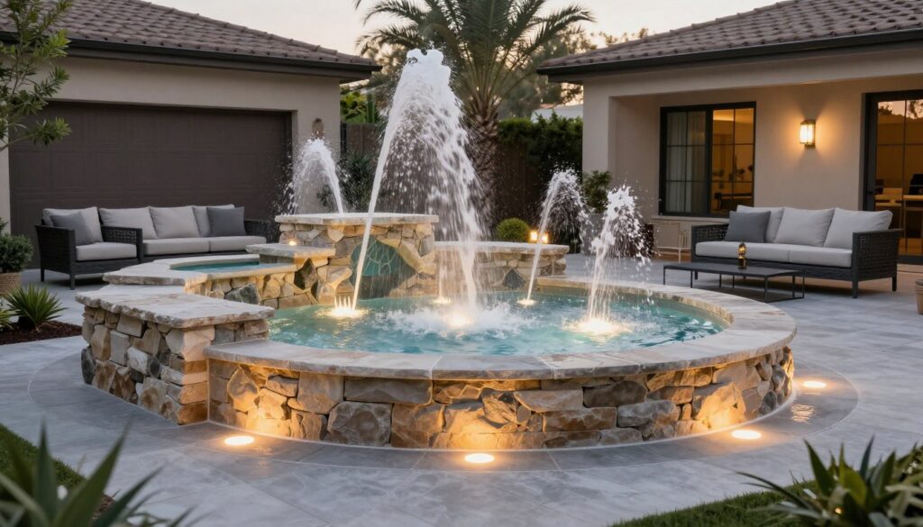 A luxurious custom splash pad installation by Taylormade Landscapes in a Las Vegas backyard featuring natural stone textures, integrated LED lighting, and multiple interactive water jets near a modern patio.