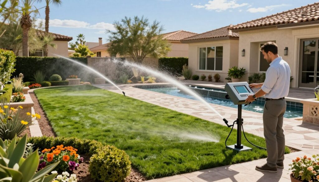 A luxurious desert backyard in Las Vegas featuring a state-of-the-art irrigation system. In the foreground, an elegant, manicured lawn glistens under warm sunlight, showcasing trimmed hedges and vibrant flower beds. A professional landscape designer, dressed in smart casual attire, inspects the advanced irrigation control panel, ensuring optimal water efficiency. The middle ground includes gently flowing water features that complement an intricately designed stone pathway, while lush greenery surrounding the area enhances the upscale aesthetic. In the background, opulent homes with desert landscaping showcase a bright blue sky overhead. The atmosphere is serene and sophisticated, emphasizing the quality and expertise of irrigation services. Soft, natural lighting casts gentle shadows, highlighting the exquisite details of the landscaping and irrigation systems. A luxurious desert backyard in Las Vegas featuring a state-of-the-art irrigation system. In the foreground, an elegant, manicured lawn glistens under warm sunlight, showcasing trimmed hedges and vibrant flower beds. A professional landscape designer, dressed in smart casual attire, inspects the advanced irrigation control panel, ensuring optimal water efficiency. The middle ground includes gently flowing water features that complement an intricately designed stone pathway, while lush greenery surrounding the area enhances the upscale aesthetic. In the background, opulent homes with desert landscaping showcase a bright blue sky overhead. The atmosphere is serene and sophisticated, emphasizing the quality and expertise of irrigation services. Soft, natural lighting casts gentle shadows, highlighting the exquisite details of the landscaping and irrigation systems.