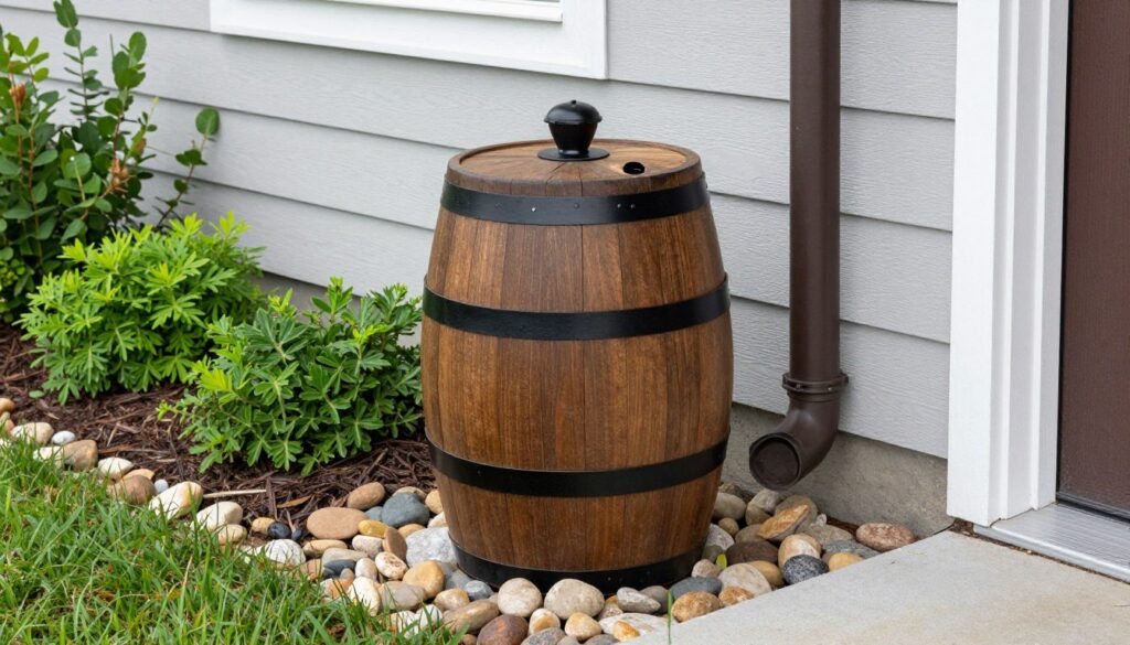 A modern, decorative rain barrel positioned under a house downspout, surrounded by a small flower bed with stones and green foliage. A modern, decorative rain barrel positioned under a house downspout, surrounded by a small flower bed with stones and green foliage.