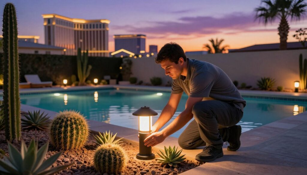 A professional landscape technician in smart casual attire is performing maintenance on an elegant landscape lighting system in a luxurious Las Vegas backyard. In the foreground, the technician is adjusting a sleek outdoor light fixture surrounded by beautifully landscaped desert flora, including cacti and succulents. The middle ground features a serene swimming pool with soft, glowing lights reflecting off the water's surface, adding a warm ambiance. In the background, an iconic Las Vegas skyline is visible under a twilight sky, showcasing beautiful colors of purple and orange as the sun sets. The lighting is focused on creating a tranquil and inviting atmosphere, emphasizing the importance of maintenance in preserving a stunning outdoor space in desert conditions. The image should capture a sense of professionalism and care in the maintenance process. A professional landscape technician in smart casual attire is performing maintenance on an elegant landscape lighting system in a luxurious Las Vegas backyard. In the foreground, the technician is adjusting a sleek outdoor light fixture surrounded by beautifully landscaped desert flora, including cacti and succulents. The middle ground features a serene swimming pool with soft, glowing lights reflecting off the water's surface, adding a warm ambiance. In the background, an iconic Las Vegas skyline is visible under a twilight sky, showcasing beautiful colors of purple and orange as the sun sets. The lighting is focused on creating a tranquil and inviting atmosphere, emphasizing the importance of maintenance in preserving a stunning outdoor space in desert conditions. The image should capture a sense of professionalism and care in the maintenance process.