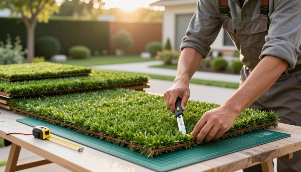 A professional landscaper, dressed in modest work attire, carefully measures and cuts synthetic turf pieces on a workbench in a bright, well-lit backyard. In the foreground, a sharp utility knife slices through vibrant green artificial grass, accompanied by a measuring tape and a cutting mat. The middle ground features neatly arranged pieces of turf, some already laid out on the ground, giving a sense of progress. In the background, a beautifully landscaped yard with trees and shrubs adds depth, while the late afternoon sun casts warm, inviting light, creating a sense of productivity and focus. The overall atmosphere is one of craftsmanship and attention to detail, suitable for a seamless turf installation process. A professional landscaper, dressed in modest work attire, carefully measures and cuts synthetic turf pieces on a workbench in a bright, well-lit backyard. In the foreground, a sharp utility knife slices through vibrant green artificial grass, accompanied by a measuring tape and a cutting mat. The middle ground features neatly arranged pieces of turf, some already laid out on the ground, giving a sense of progress. In the background, a beautifully landscaped yard with trees and shrubs adds depth, while the late afternoon sun casts warm, inviting light, creating a sense of productivity and focus. The overall atmosphere is one of craftsmanship and attention to detail, suitable for a seamless turf installation process.