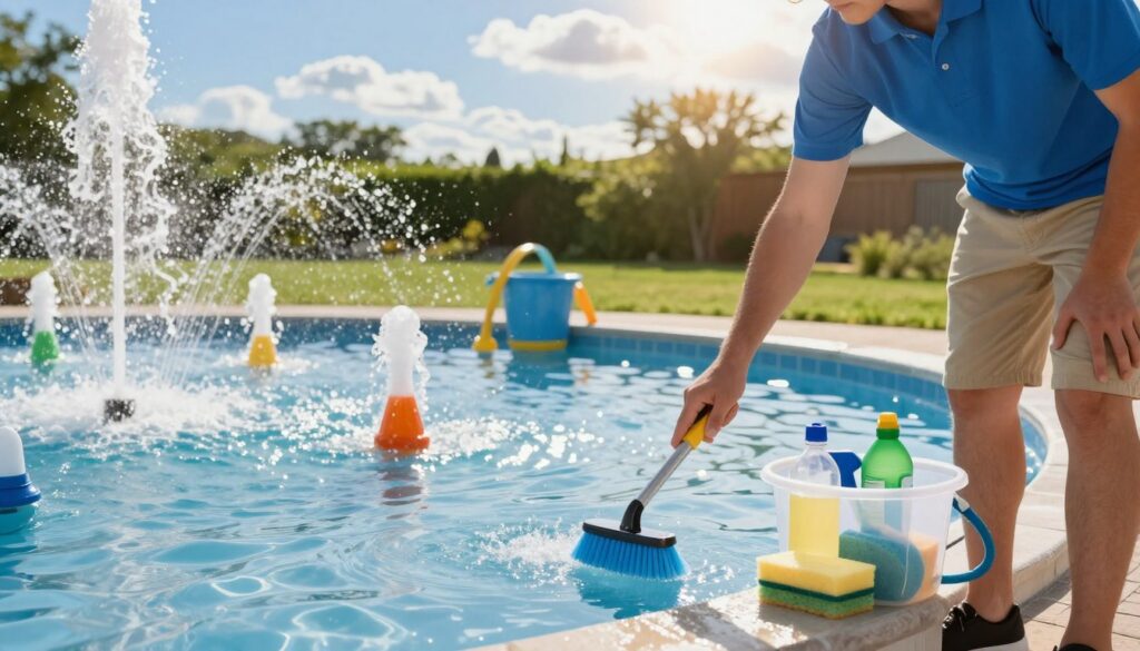 A serene backyard splash pad scene, showcasing essential maintenance tips. In the foreground, a person wearing a bright blue polo shirt and khaki shorts demonstrates the use of a small brush to clean the splash pad's surface. In the middle, colorful fountains and water jets are actively spraying water onto the smooth, shiny surface, while nearby, a clear plastic bucket holds cleaning supplies like vinegar, sponges, and a hose. In the background, lush green grass contrasts with the azure sky, dotted with a few fluffy white clouds. The sunlight casts warm, inviting rays, creating a cheerful atmosphere. The angle captures the entire splash pad area, emphasizing its vibrant and well-maintained appearance, appealing to homeowners looking for inspiration.