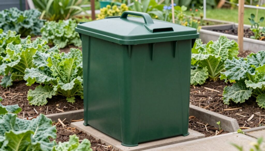 A sleek, dark green outdoor compost bin for landscaping placed in a tidy corner of a vegetable garden, surrounded by mulch and green foliage, realistic 4k image. A sleek, dark green outdoor compost bin for landscaping placed in a tidy corner of a vegetable garden, surrounded by mulch and green foliage, realistic 4k image.