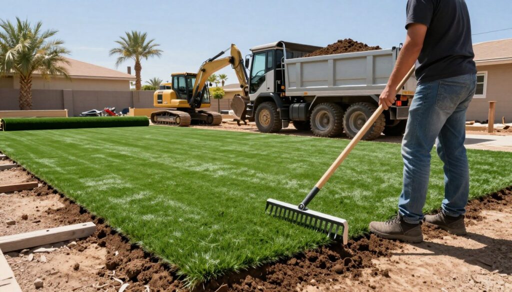 A vibrant construction site showcasing the turf preparation process in a sunny Las Vegas backyard. In the foreground, a professional landscaper in modest casual clothing uses a sharp landscape rake to level the soil, ensuring a smooth surface for synthetic turf. The middle ground features heavy machinery like a compact excavator and a dump truck filled with soil, demonstrating excavation and site grading. In the background, there are freshly laid rolls of synthetic turf waiting to be installed, surrounded by palm trees and a clear blue sky. The lighting is bright and direct, creating sharp shadows and highlighting the textures of the soil and turf materials. The mood reflects a productive and organized environment focused on precision and teamwork. A vibrant construction site showcasing the turf preparation process in a sunny Las Vegas backyard. In the foreground, a professional landscaper in modest casual clothing uses a sharp landscape rake to level the soil, ensuring a smooth surface for synthetic turf. The middle ground features heavy machinery like a compact excavator and a dump truck filled with soil, demonstrating excavation and site grading. In the background, there are freshly laid rolls of synthetic turf waiting to be installed, surrounded by palm trees and a clear blue sky. The lighting is bright and direct, creating sharp shadows and highlighting the textures of the soil and turf materials. The mood reflects a productive and organized environment focused on precision and teamwork.