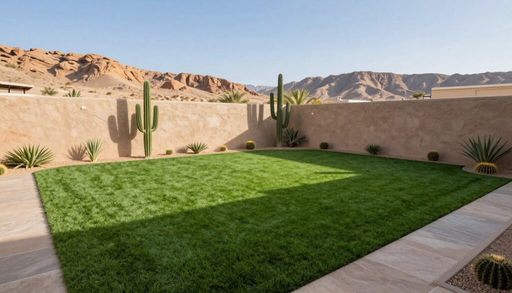 A vibrant desert backyard featuring high-quality artificial turf installed seamlessly across the ground. In the foreground, the lush, realistic green of the turf contrasts with the surrounding arid landscape, showcasing a perfect oasis. In the middle, include a couple of decorative cacti and drought-resistant plants arranged thoughtfully near the edges of the turf, providing a pop of color and texture. In the background, soft, muted shades of desert rock formations under a clear blue sky, with warm sunlight casting gentle shadows. Capture this scene with a wide-angle lens to emphasize the expanse and depth of the backyard. The overall atmosphere is inviting and serene, reflecting the practicality and beauty of synthetic turf in a desert climate. A vibrant desert backyard featuring high-quality artificial turf installed seamlessly across the ground. In the foreground, the lush, realistic green of the turf contrasts with the surrounding arid landscape, showcasing a perfect oasis. In the middle, include a couple of decorative cacti and drought-resistant plants arranged thoughtfully near the edges of the turf, providing a pop of color and texture. In the background, soft, muted shades of desert rock formations under a clear blue sky, with warm sunlight casting gentle shadows. Capture this scene with a wide-angle lens to emphasize the expanse and depth of the backyard. The overall atmosphere is inviting and serene, reflecting the practicality and beauty of synthetic turf in a desert climate.