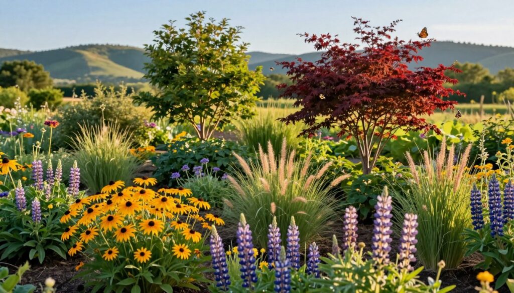 A vibrant landscape showcasing a diverse array of native plants, strategically arranged in a sustainable garden design. In the foreground, colorful wildflowers such as black-eyed Susans and lupines bloom alongside native grasses, creating a lively contrast. The middle ground features a mix of shrubs and small trees like serviceberry and red twig dogwood, hovered over by butterflies and bees, highlighting the ecosystem's health. In the background, distant hills are covered with lush greenery under a clear blue sky, illuminated by warm, golden sunlight, creating an inviting and serene atmosphere. The depth of field focuses on the plants while softly blurring the background, enhancing the natural beauty of the scene. A vibrant landscape showcasing a diverse array of native plants, strategically arranged in a sustainable garden design. In the foreground, colorful wildflowers such as black-eyed Susans and lupines bloom alongside native grasses, creating a lively contrast. The middle ground features a mix of shrubs and small trees like serviceberry and red twig dogwood, hovered over by butterflies and bees, highlighting the ecosystem's health. In the background, distant hills are covered with lush greenery under a clear blue sky, illuminated by warm, golden sunlight, creating an inviting and serene atmosphere. The depth of field focuses on the plants while softly blurring the background, enhancing the natural beauty of the scene.