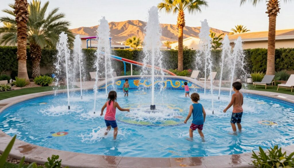 A vibrant splash pad in a luxurious Las Vegas backyard, featuring colorful water jets shooting up from the ground, surrounded by lush green landscaping. In the foreground, playful children of diverse backgrounds are joyfully splashing through the water, dressed in modest casual summer wear. The middle ground showcases the splash pad’s modern design with decorative tiles and playful patterns, while the background reveals a stunning view of palm trees and the distant desert hills bathed in golden sunlight. The scene is captured from a low angle to emphasize the height of the water jets, creating a sense of excitement. The overall mood is cheerful and refreshing, evoking the perfect summer retreat in the heat of desert life.