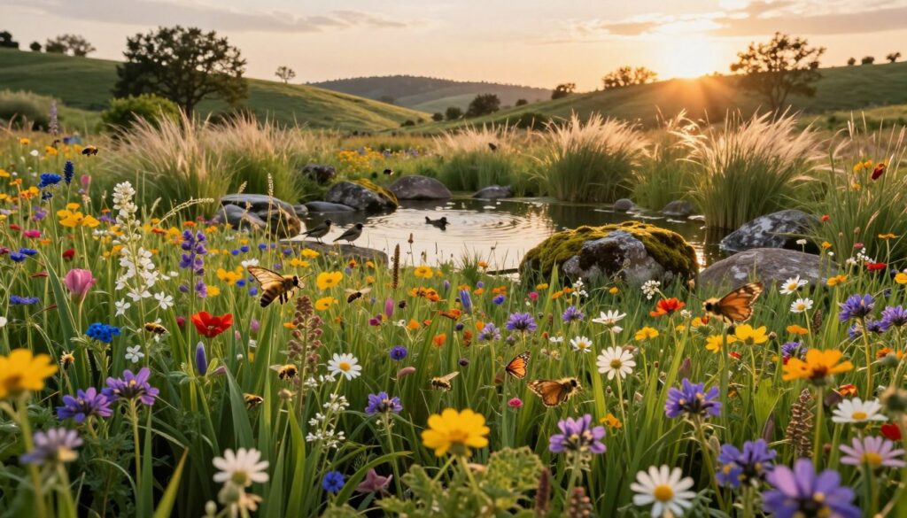A vibrant wildlife habitat landscape teeming with life. In the foreground, a lush, flowering meadow filled with colorful wildflowers and native plants that provide nourishment for pollinators. Honeybees and butterflies flutter, engaged in their essential roles. The middle ground features a tranquil pond surrounded by moss-covered rocks, where small birds gather to drink. Tall grasses sway gently in the breeze, creating a sense of movement. In the background, rolling hills are dotted with trees and shrubs, framed by a soft, golden sunset illuminating the entire scene. The atmosphere is serene and harmonious, reflecting a thriving ecosystem. The lighting is warm, capturing the colors of dusk, and the image is shot from a slightly elevated angle to enhance the panoramic view, allowing a glimpse into this sustainable landscape design. A vibrant wildlife habitat landscape teeming with life. In the foreground, a lush, flowering meadow filled with colorful wildflowers and native plants that provide nourishment for pollinators. Honeybees and butterflies flutter, engaged in their essential roles. The middle ground features a tranquil pond surrounded by moss-covered rocks, where small birds gather to drink. Tall grasses sway gently in the breeze, creating a sense of movement. In the background, rolling hills are dotted with trees and shrubs, framed by a soft, golden sunset illuminating the entire scene. The atmosphere is serene and harmonious, reflecting a thriving ecosystem. The lighting is warm, capturing the colors of dusk, and the image is shot from a slightly elevated angle to enhance the panoramic view, allowing a glimpse into this sustainable landscape design.