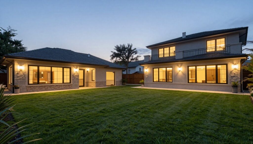 A wide angle view of an expansive backyard lawn and large architectural features lit by warm flood lights. A wide angle view of an expansive backyard lawn and large architectural features lit by warm flood lights.