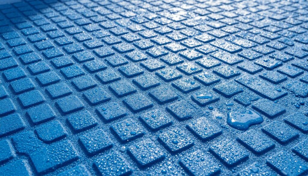 Close-up detail of blue textured non-slip aquatic flooring, showing safe grip pattern and water droplets in the bright sun.